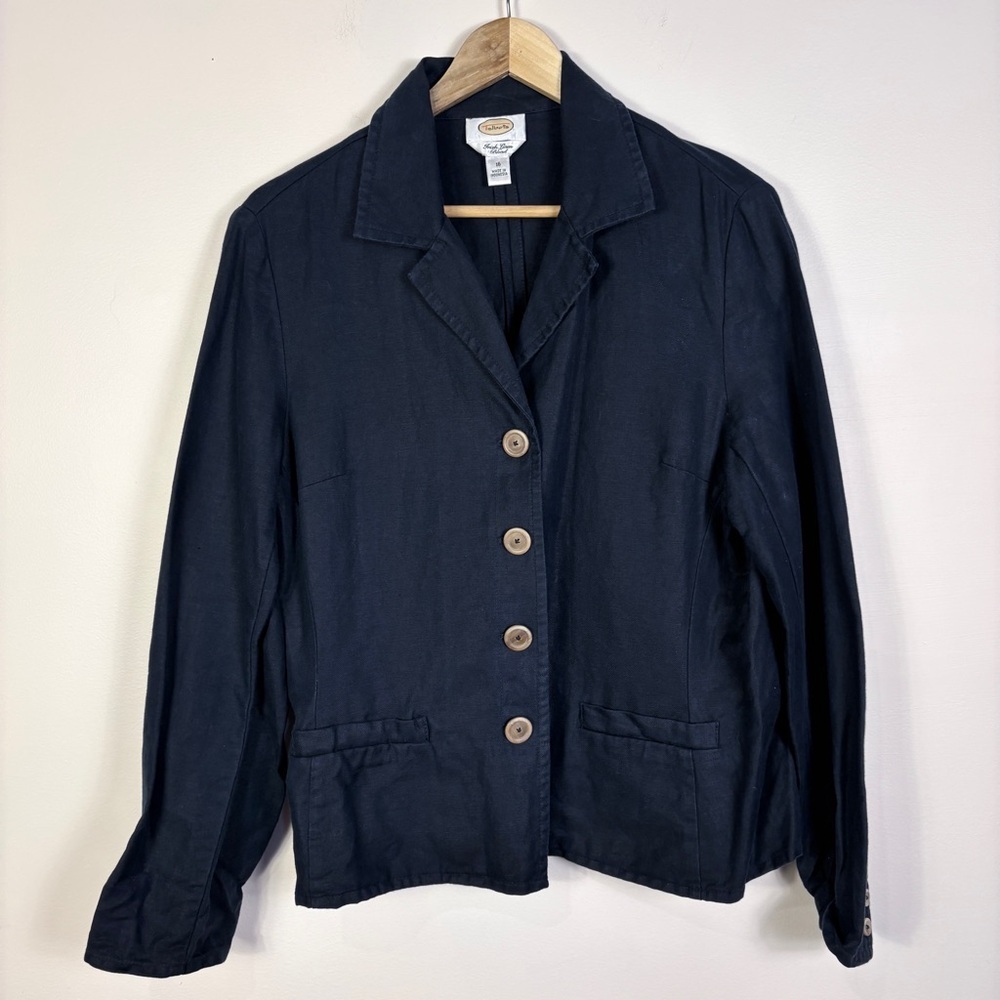 Talbots Irish Linen Navy Blue Blazer Jacket Size 16 Preppy Coastal Classic